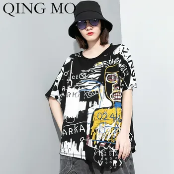 

QING MO Black White Women Funny T Shirt 2020 Newest Women Vintage Loose T Shirt Female Casual Loose T Shirt ZQY3740