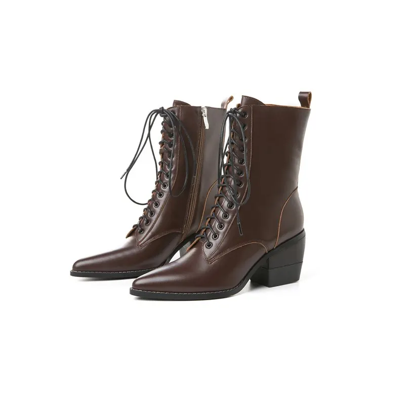 MORAZORA/Большие размеры 33-42, новые ботинки из натуральной кожи в стиле ретро женские винтажные ботильоны на высоком каблуке с острым носком на шнуровке в европейском стиле