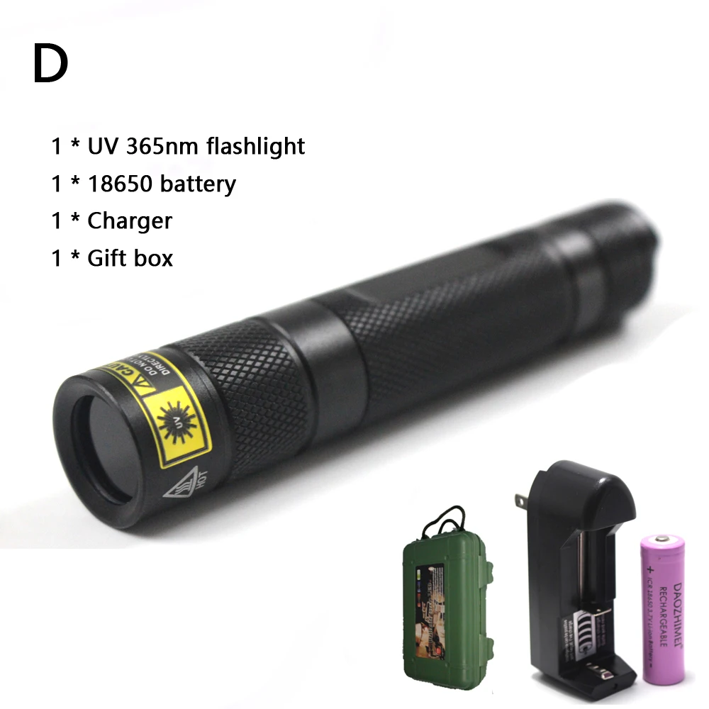 DAOZHIMEI UV 365nm LED Flashlight 18650 Ultraviolet Torch Ultra Violet Light Black 10W 365nm UV LED In Side OP Reflector rechargeable torch with docking station Flashlights