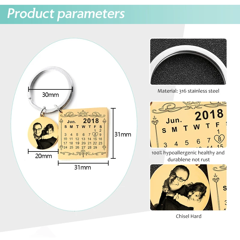 Персонализированный Календарь-брелок календарь выделенный с сердцем Дата брелок Золото Нержавеющая сталь частный пользовательский фото текст Дата