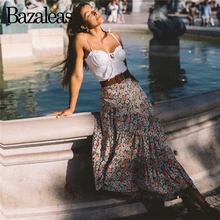 Bazaleas, праздничный цветочный принт, женские юбки с высокой талией, Ретро стиль, юбка для отпуска, винтажная юбка миди с оборками