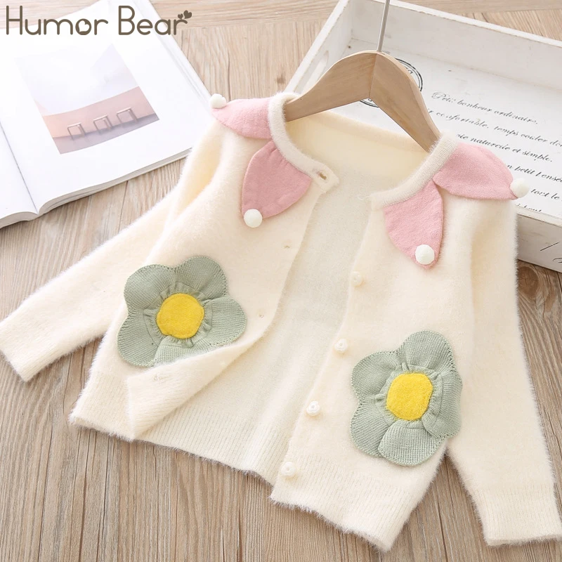 Humor Bear/Новинка года; Корейская вязаная куртка для девочек; теплый свитер с цветочным узором; бархатный кардиган; Милая одежда для маленьких девочек - Цвет: beige