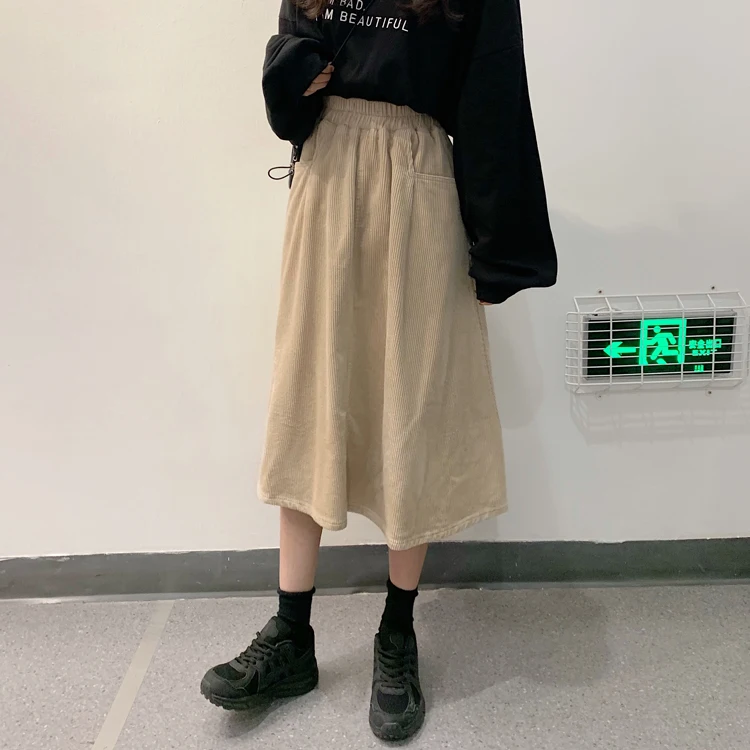 Japanese Mori Girl Autumn Winter Women Midi Skirt High Waist Solid Corduroy Jupe Femme Elegant Vintage Loose Pockets Chic Saias