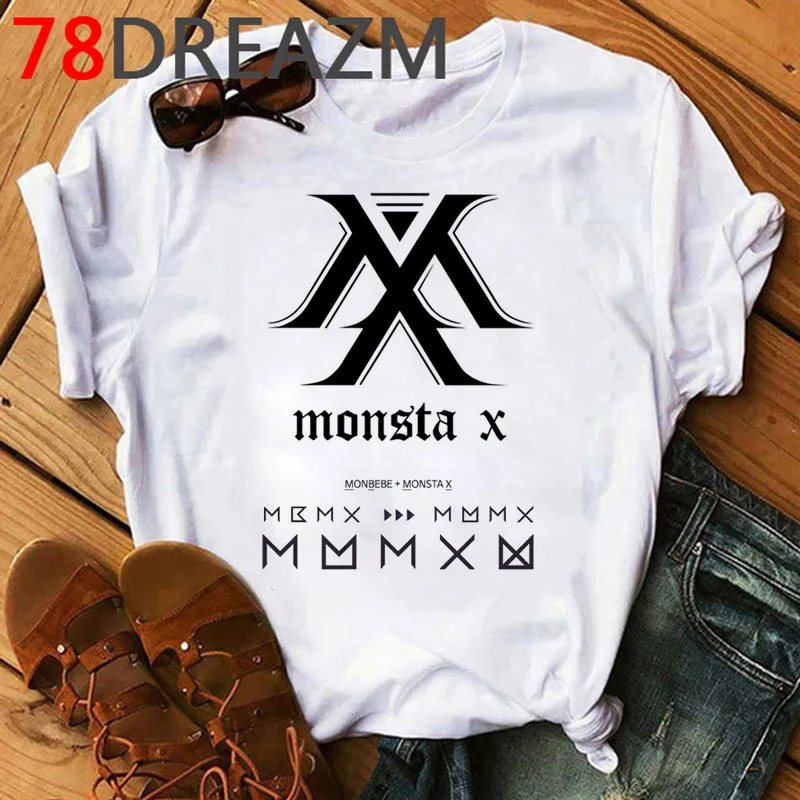 Kpop Monsta X Топы футболка Женская Корейская одежда Новинка летний топ размера плюс