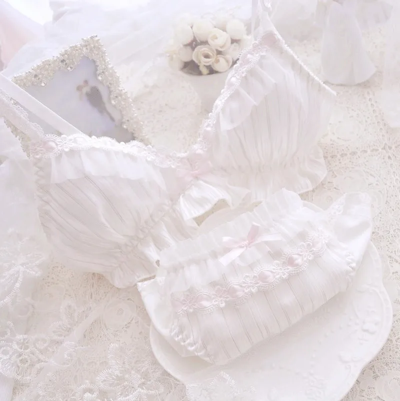 White Kawaii/милое нижнее белье для девочек в стиле Лолиты с бантом и рюшами, удобное нижнее белье для сна, комплект нижнего белья, японский бюстгальтер и трусики, 6 цветов - Цвет: White