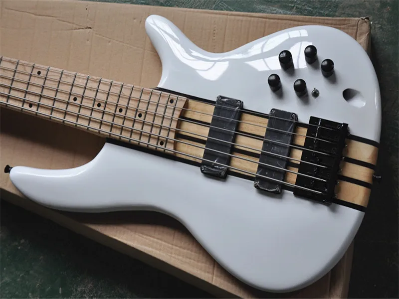 6 Strings White body Electric Bass Guitar with 2 Black Active Pickups,Black Hardware,Neck through body,offer customized