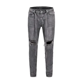 

Men Jeans Denim Knee Hole Scratch Sashes Vintage Blue High Street Slim Pencil Pants Elastic Outdoor HIP HOP Punk Streetwear