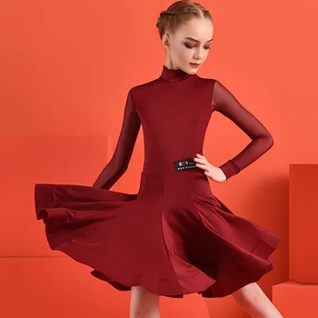 

2020 New Girls' Latin Dance Competition Suits With Long-Sleeved Professional Mesh Long-Sleeved Performed Two-Piece Suits DWY3174