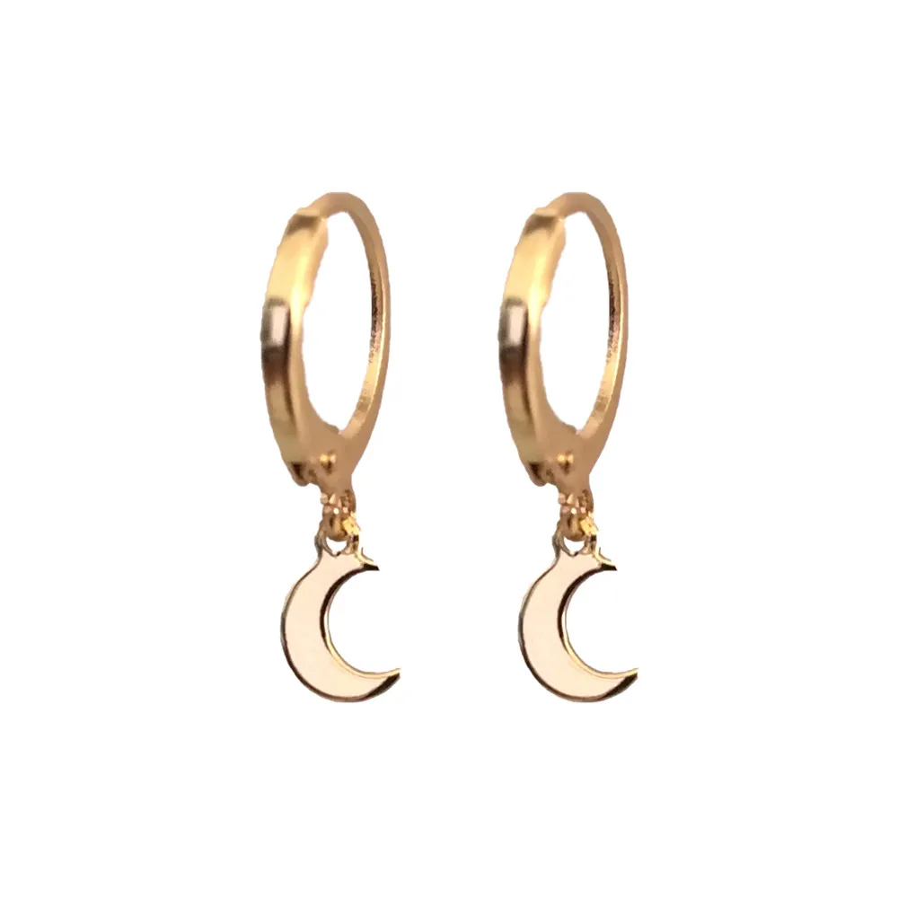 

CUTE WOMEN EARRINGS GOLD COLOR PLATING SMALL MOON CHARM HOOP EARRINGS