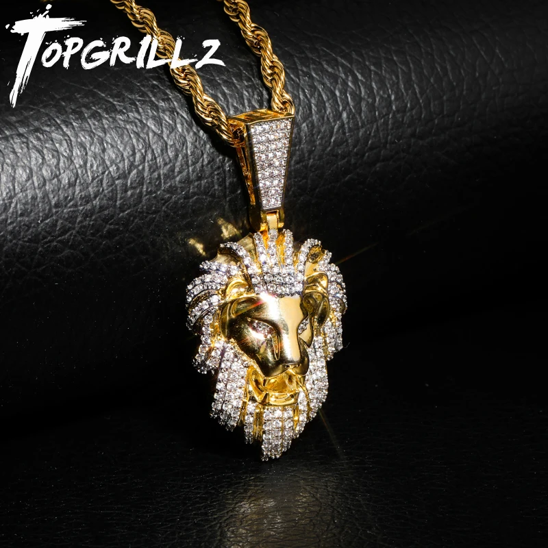 Baratos TOPGRILLZ Hip Hop chapado en oro Color helado Micro pavé cúbico zirconio cabeza de león colgante con abalorio para hombres joyería regalos