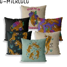 Housse de coussin en lin, taie d'oreiller, Animal, tigre, fleur, décoration de maison, ferme, extérieur, 40x40, 45x45, noir, vert, canapé 