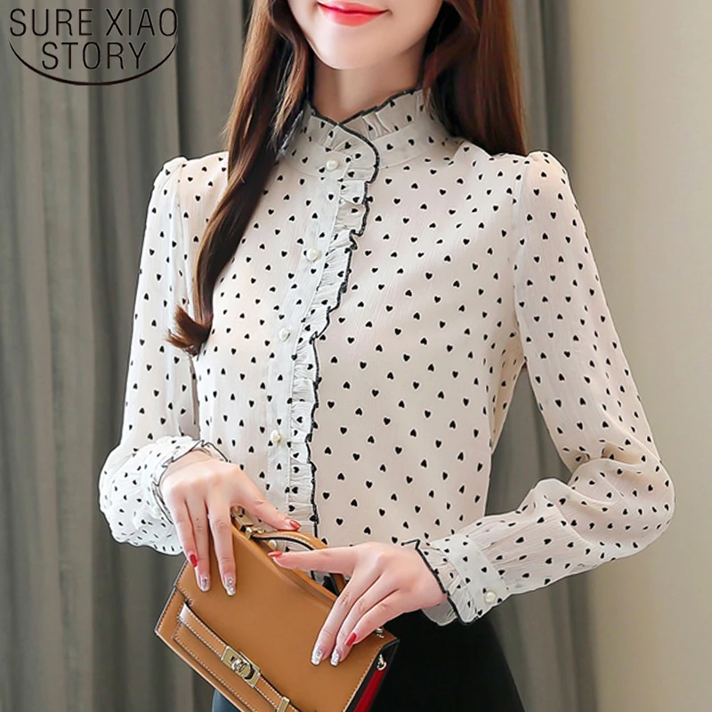 Cena Damskie topy i bluzki 2019 bluzki damskie szyfonowa bluzka koszula dla kobiet topy przycisk Polka Dot stojak biała koszula odzież 6735 50