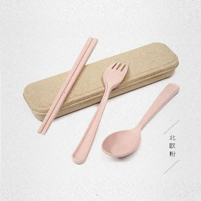 Nordic powder Wheat Portable Tableware Three-piece Originality Travel Scoop Chopstick Fork Suit Student Gift Box - Цвет: Nordic powder