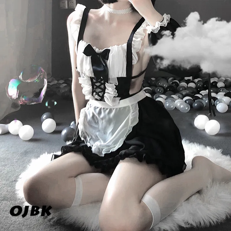 Сексуальное женское белье Косплей эротический фартук японская горничная секс костюм бебидолл Женская кружевная мини-юбка наряд Сладкая Лолита аниме платье - Цвет: black