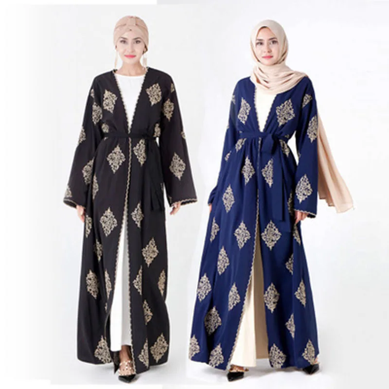 Abaya Дубай открытое синее кимоно золотая линия Цветочная вышивка полное пальто кардиган мусульманский женский халат Длинные платья Исламская одежда