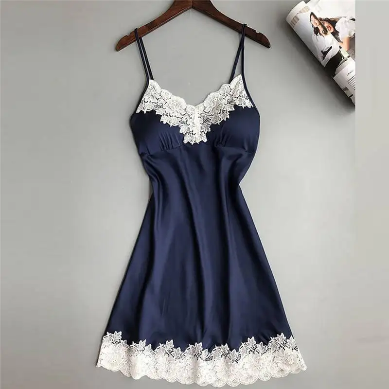 Сексуальное женское белье, одежда для сна, женское темно-синее атласное кружевное удобное нижнее белье шелковое нижнее белье, ночная рубашка, пижамы 661SQ10