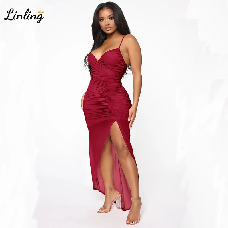

LINLING Formal Party Evening Dresses vestidos de noite Sexy Spaghetti Straps Floor Length High Slit Bodycon Gown For Ladies