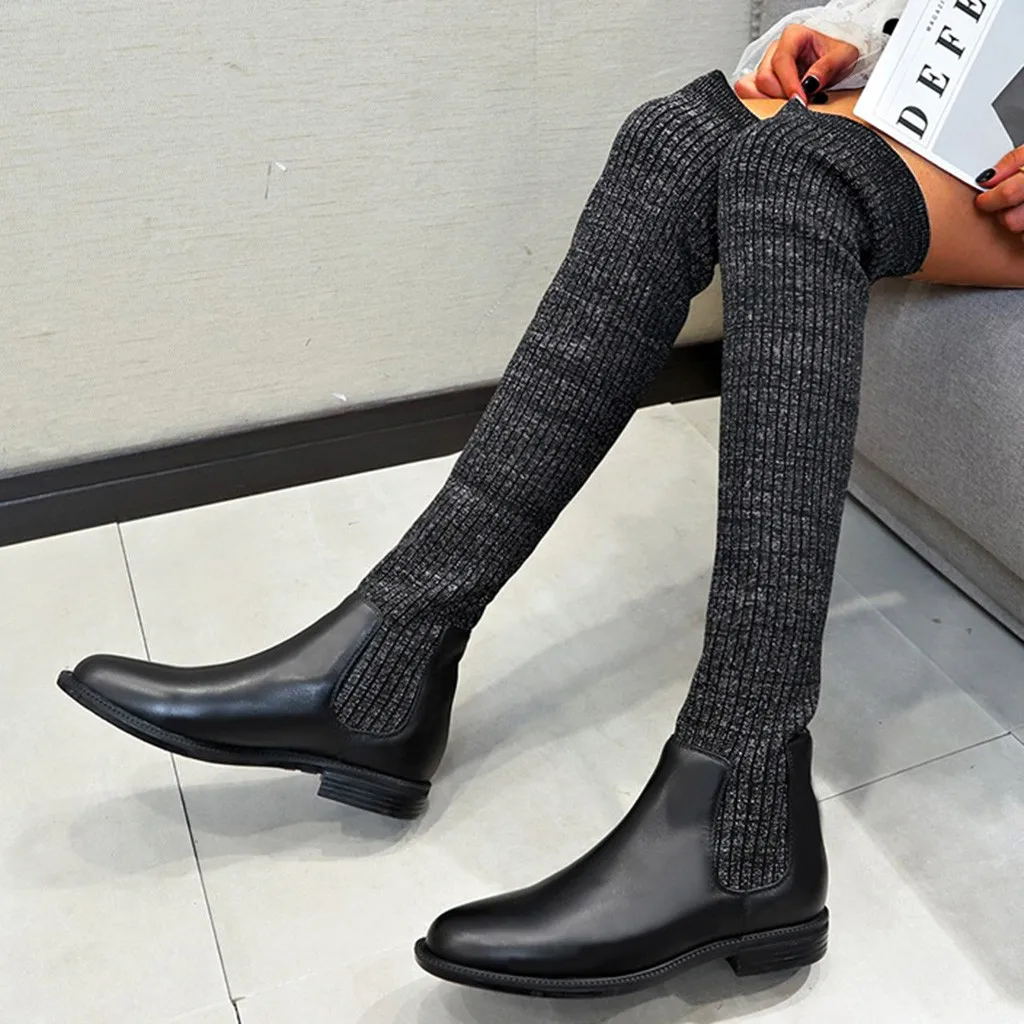 Over The Knee Boots Knitted stretch boots shoes woman leather boots round toe shoes woman shoes winter#G2