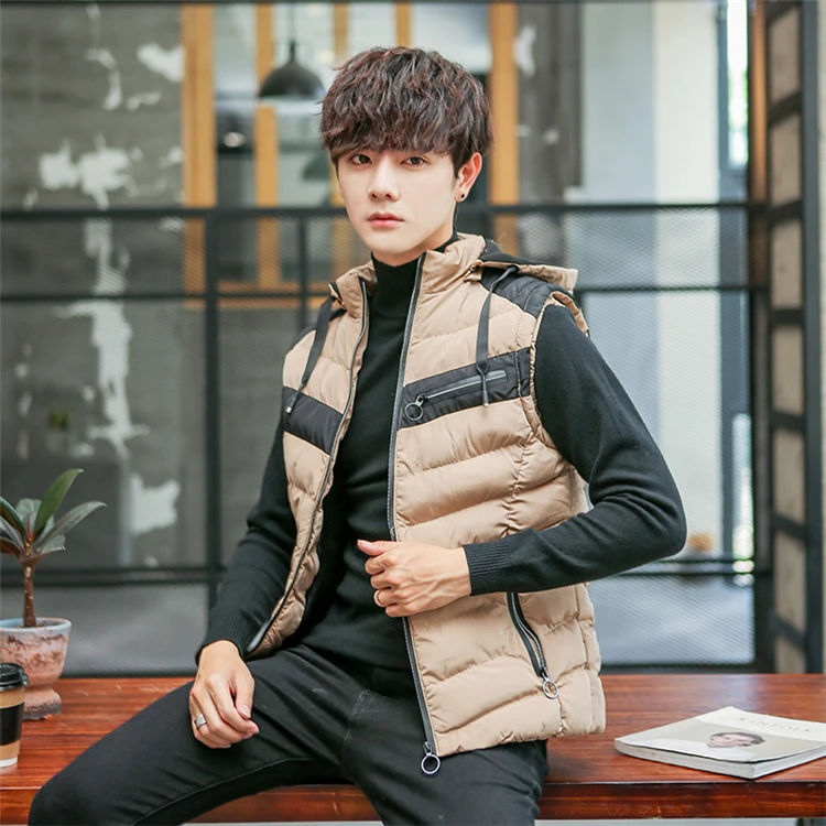 Autumn Winter Men's Vest New Casual Warm Sleeveless Jacket Hooded Stand-Collar Windproof Cotton-Padded Waistcoat Patchwork