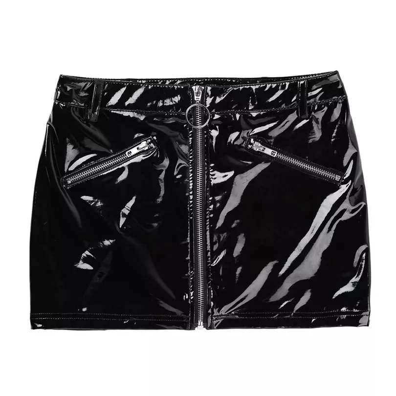 Women Sexy Leather Sheath Mini Dress Female Erotic Porn Opening Crotch Bag Hip Skirt Glossy Shaping Latex Waist Mini Skirt Sexi