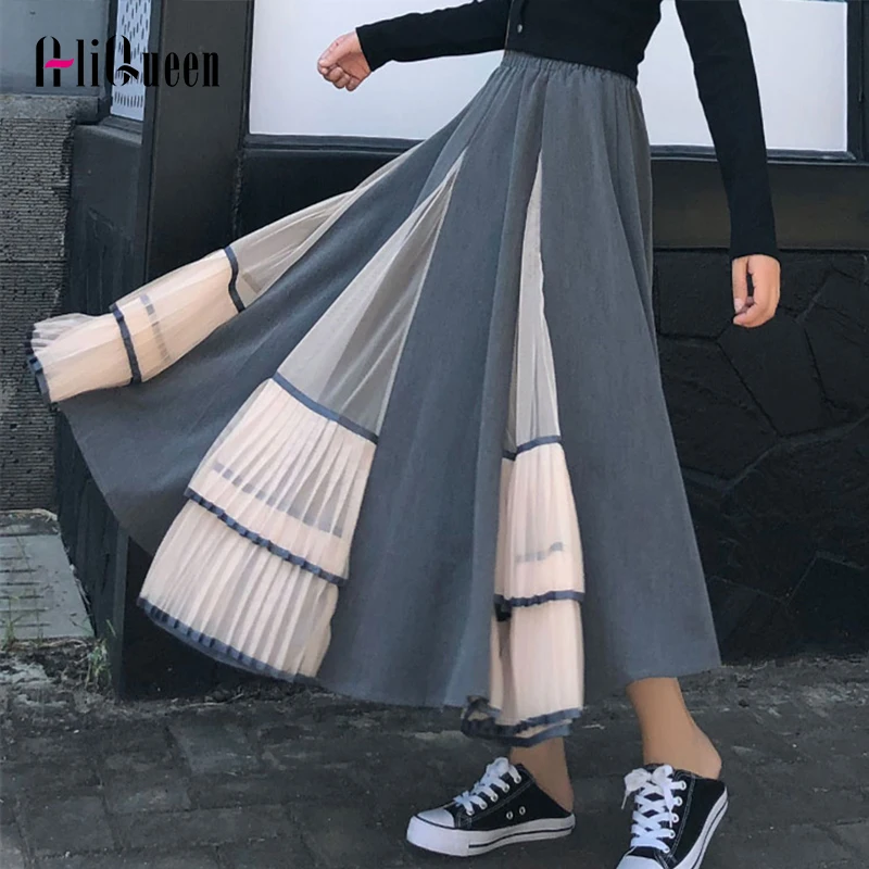 Женская модная шикарная плиссированная юбка с сеткой, Женская эластичная юбка средней длины с высокой талией, черные большие юбки для осени и весны