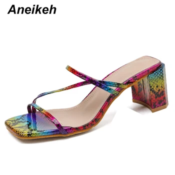 

Aneikeh 2020 Summer Sexy Color serpentine PU Slipper Woman High Heels Peep Toe Shallow Mules Outside Ladies Slides Party Shoe