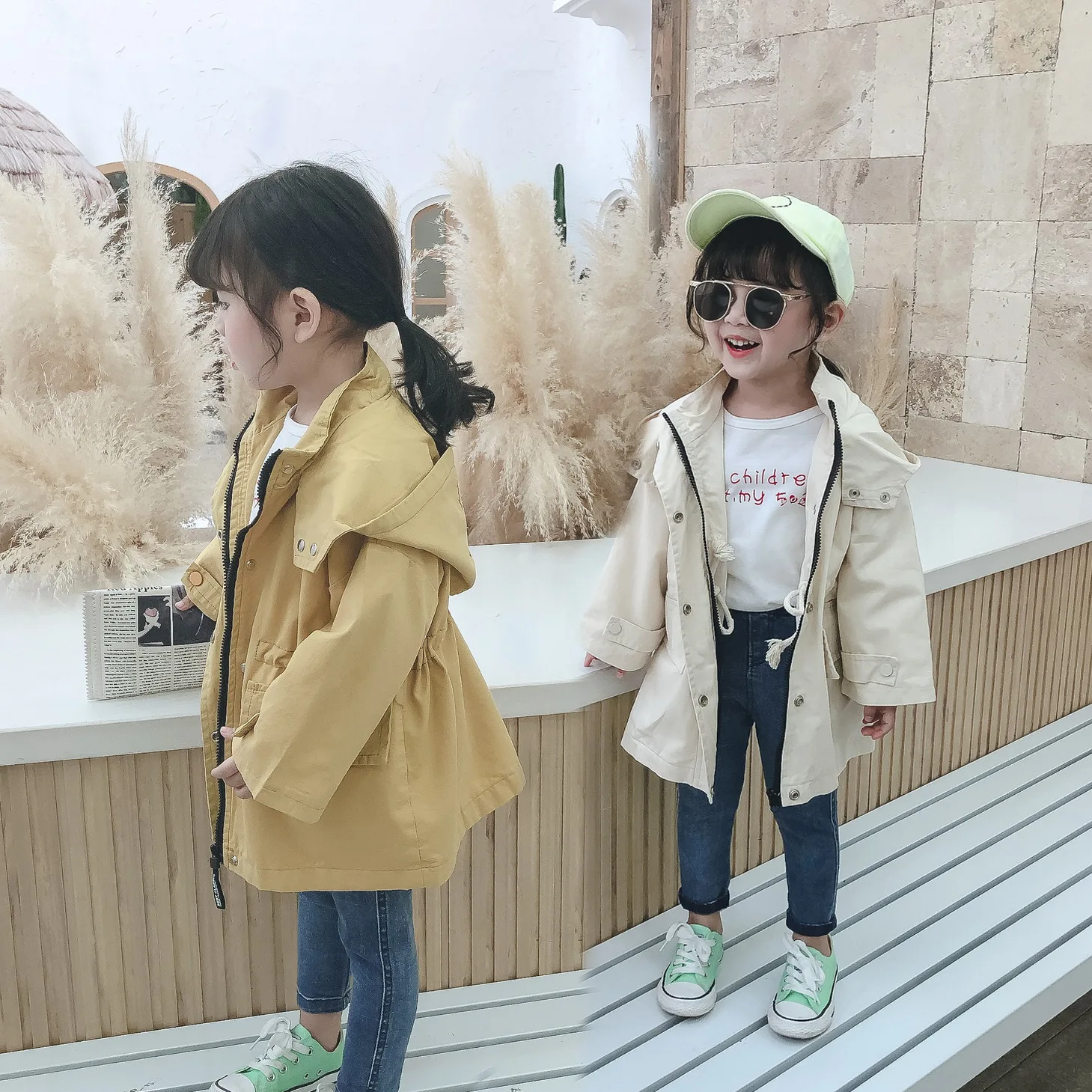 

Childrenswear Girls Mid-length Korean-style Trench Coat 20 New Style Spring Western Style Waist Hugging Stand Collar Workwear Co
