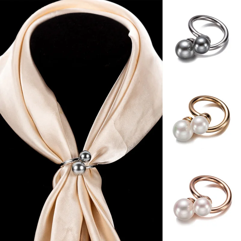 

Fashion Double Pearl Scarf Clasp Gold Plated Simple Jewelry Wholesale Clothes Accessories Silk Scarf Jewelry Party jewelry Gifts