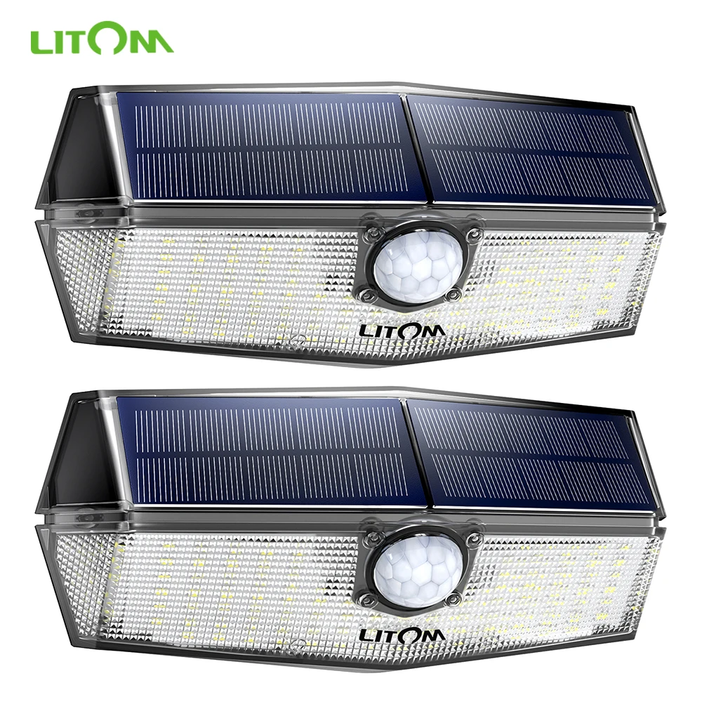 

2 Pack LITOM 120 LEDs Bright Solar Light IP67 Waterproof 3 Adjustable Modes Solar Lights with Wide Angle Outdoor Security Lights
