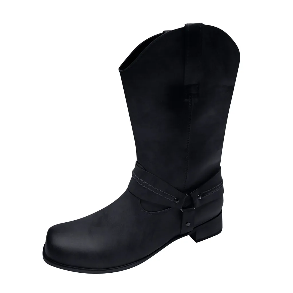Осенне-зимние мужские кожаные ботинки на платформе Нескользящие ковбойские ботинки без шнуровки теплые плюшевые ботинки с круглым носком и пряжкой - Цвет: Black