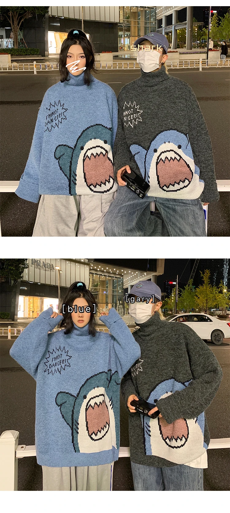 Men Turtlenecks Oversized Sweater Shark Letter JKP4765