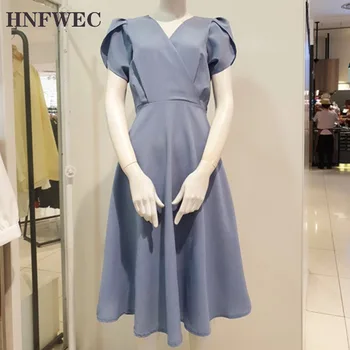 

2019 Summer New Fashion Clothing High Quality Cross V-neck Laced Butterfly Slim Petal Short-sleeved Women Dressq E532