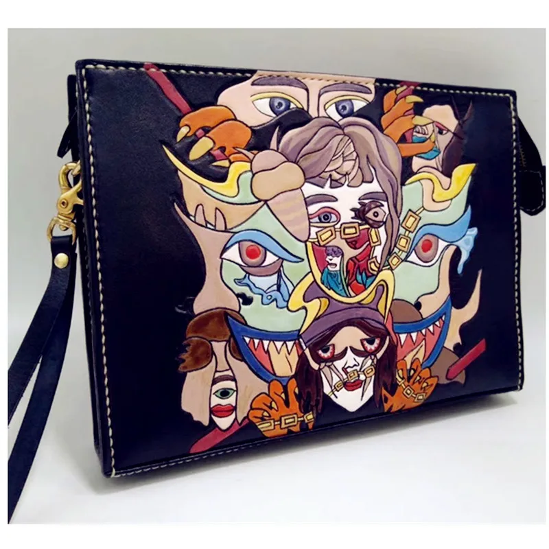 

Handmade Men Vegetable Tanned Leather Cartoon Comic Bag Money Holder Clutch Purse Cigarette Pocket Man Clutches Envelope