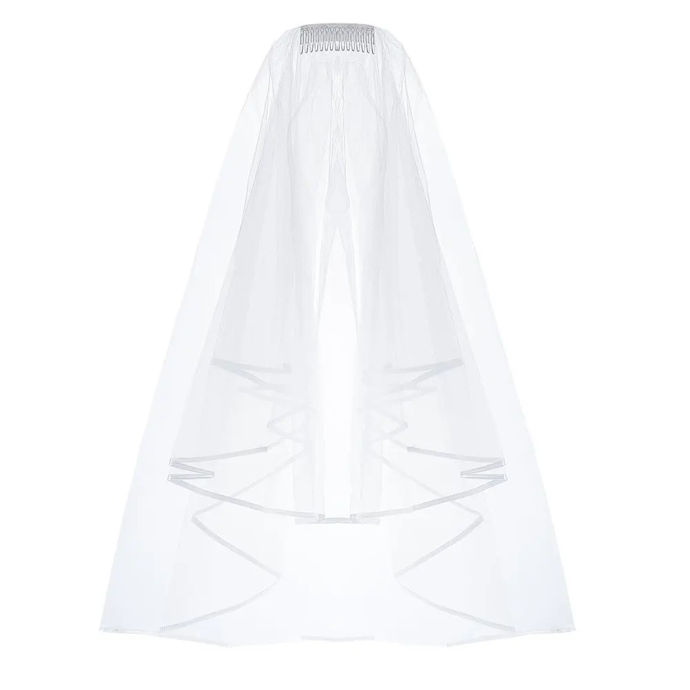 

White/Ivory 2T Short Tulle Wedding Veils With Ribbon Edge Two Layers Bridal Veil Cheap Bride Accessories With Comb