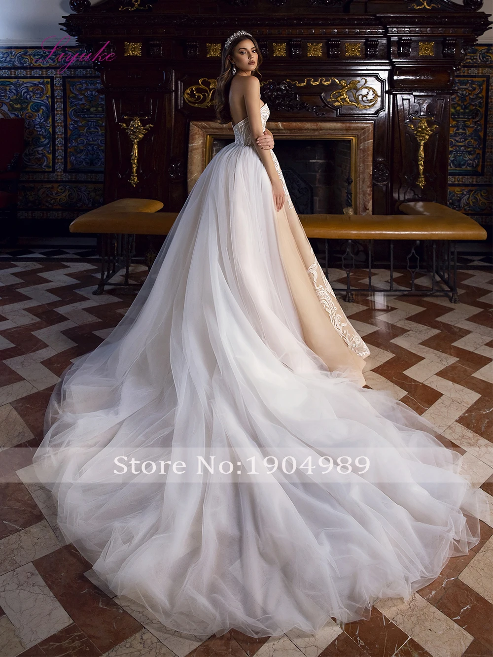 Liyuke роскошное свадебное платье бальное платье свадебное платье без бретелек с аппликациями цвета шампанского без рукавов с открытой спиной по индивидуальному заказу с королевским шлейфом