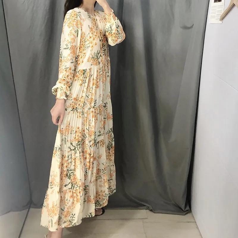 2019 Summer Women Flower Print Maxi Dress Casual O Neck Pleated Loose ...