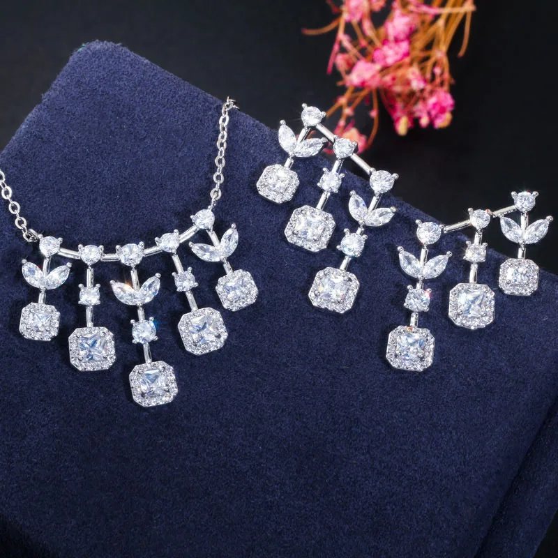 silver CWWZircons, высокое качество, кубический цирконий, лист, капля, 585, золотой цвет, подвеска, ожерелье и серьги, модные женские Ювелирные наборы T377 - Окраска металла: silver