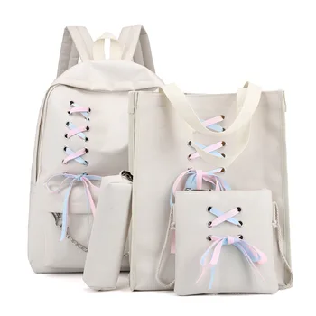 

4Pcs/Set Canvas Schoolbags Women Backpack Ribbon Chain Rucksack for Children Girls Boys Student Waterproof Bowknot School Bags