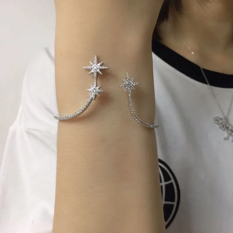 

Baoyocn 925 Sterling Silver Meteorites Statement Open Cuff Zirconia Stones 3 Stars Bangle Bracelet Women Luxury Fashion Jewelry