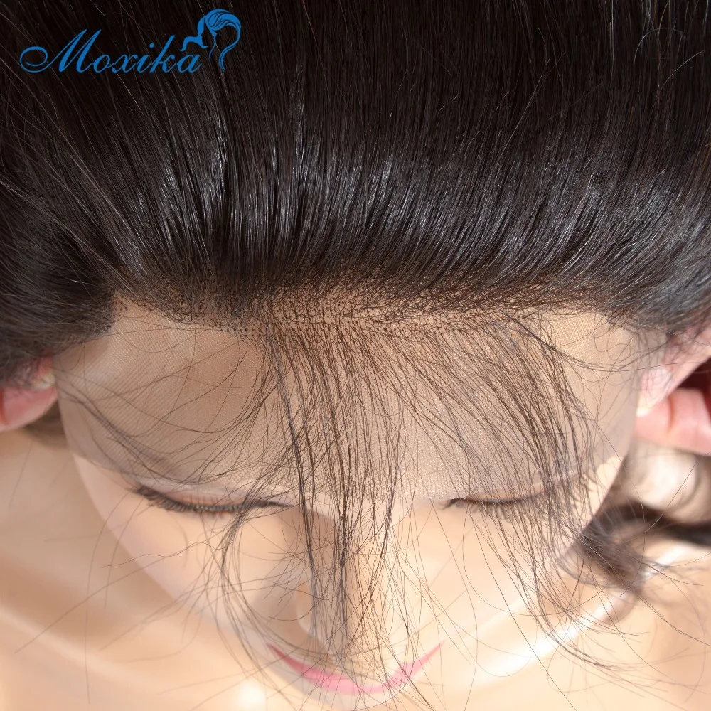Moxika предварительно выщипать Синтетический Frontal шнурка волос Синтетическое закрытие волос с 3 Связки уха до уха бразильский Средства ухода