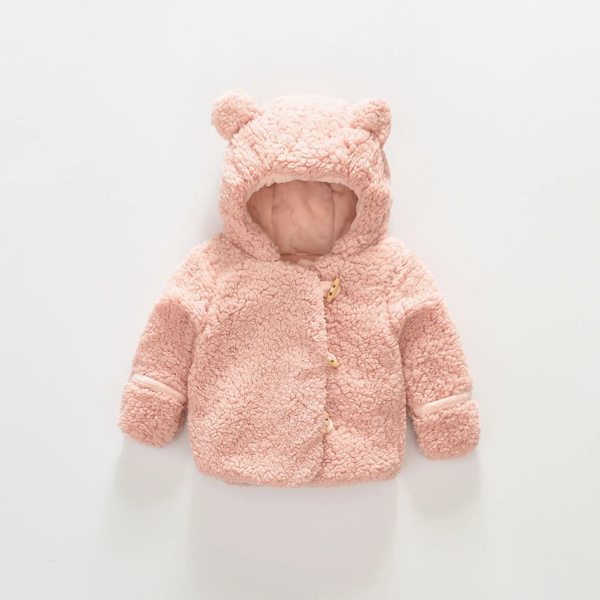 Милые шерстяные пальто для маленьких девочек и мальчиков теплая одежда однотонная осенне-зимняя одежда с капюшоном и ушками 2 цвета