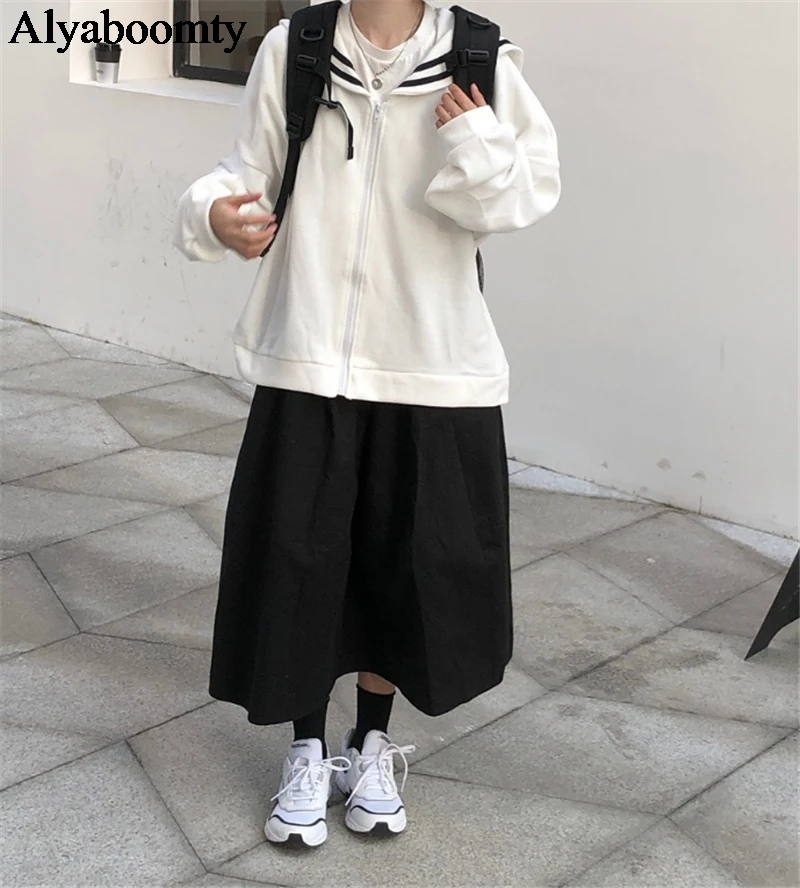 Японский Harajuku для женщин уличная верхняя одежда матросский воротник негабаритных куртка на молнии пальто белый темно-синий милый Kawaii девушки пальто