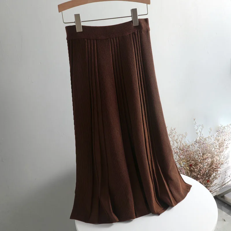 Винтажная зимняя женская Плотная юбка-свитер эластичная высокая талия плиссированная миди трикотажная юбка трапециевидная Женская однотонная элегантная юбка
