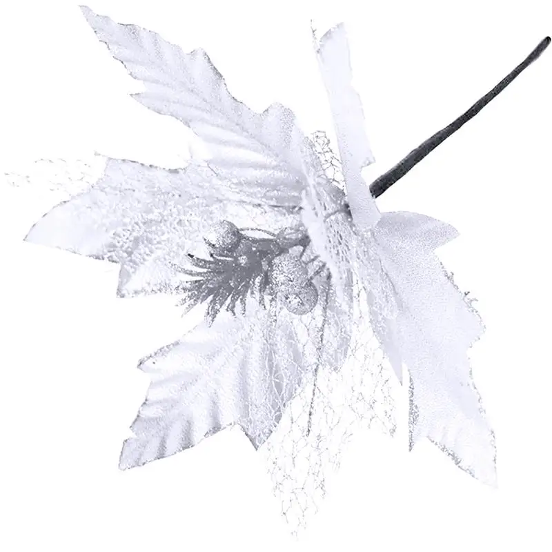 Silver Christmas Artificial Flowers Glitter Fake Flowers DIY Home Wedding Decoration Flower Head Christmas Xmas Tree Ornament - Color: Silver