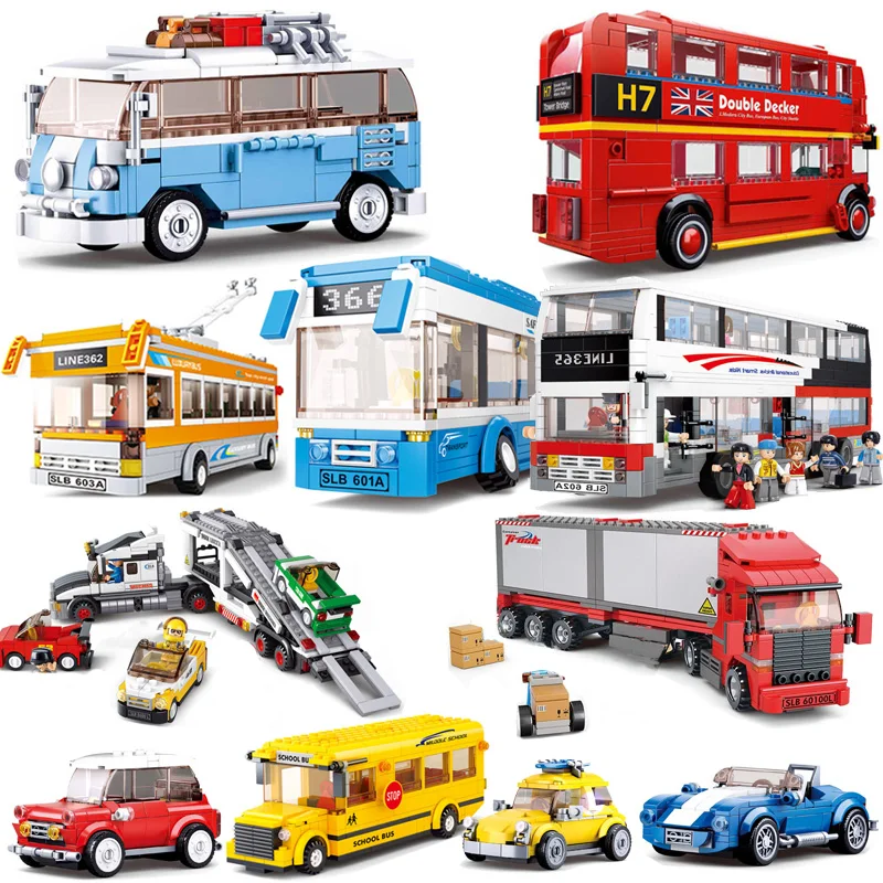 

City Car Classic Retro Vehicle Sets Creator Double Decker Bus Camper Van School Bus Building Blocks Children Toys Speed Champion