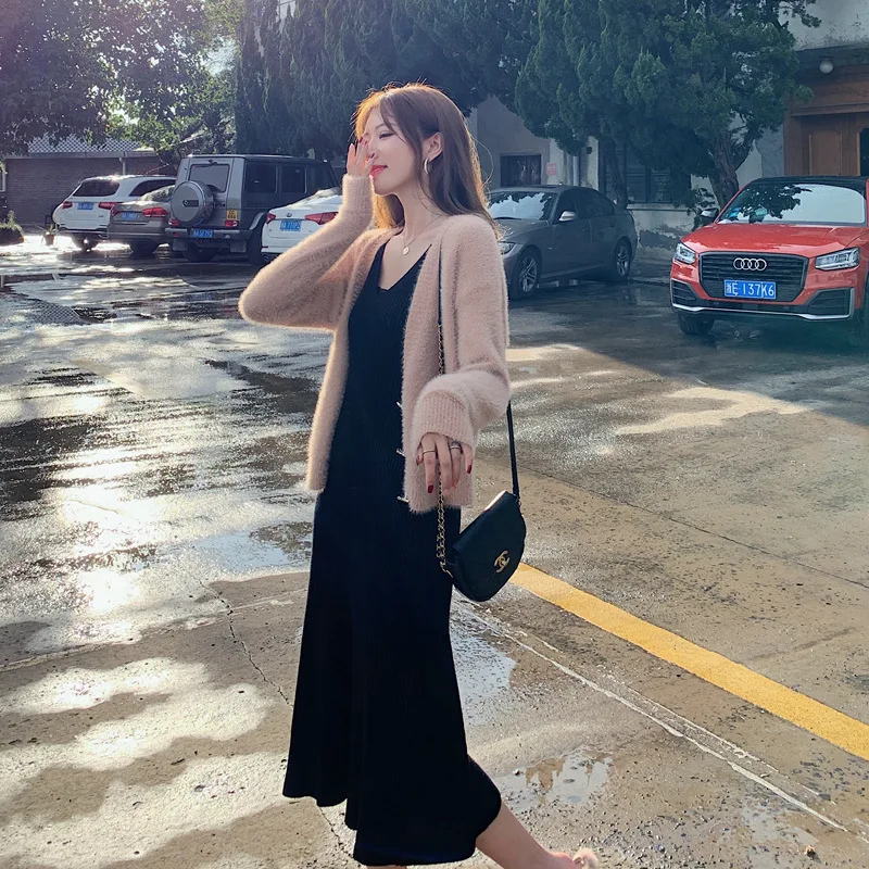 

-Delivery 2020 Spring New Style Fashion Korean-style Set WOMEN'S Dress Mink Cashmere Cardigan Tops Knitted Dress Two-Piece Set