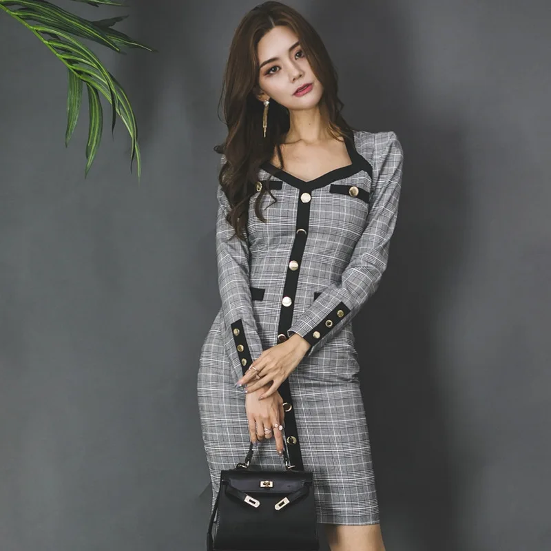 

Office Female Spring Retro Slim Plaid Wrap Dress Runway Square Collar High Waist Elegant Work Bodycon Short Dresses