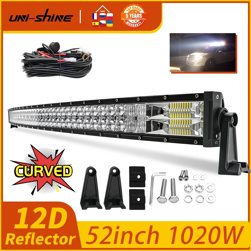 UNI-SHINE 52 42 32 22 inch Curved LED Light Bar 420W 620W 820W 1020W Led Bar Flood Spot Combo Beams For Offroad UAZ 4x4 12V 24V