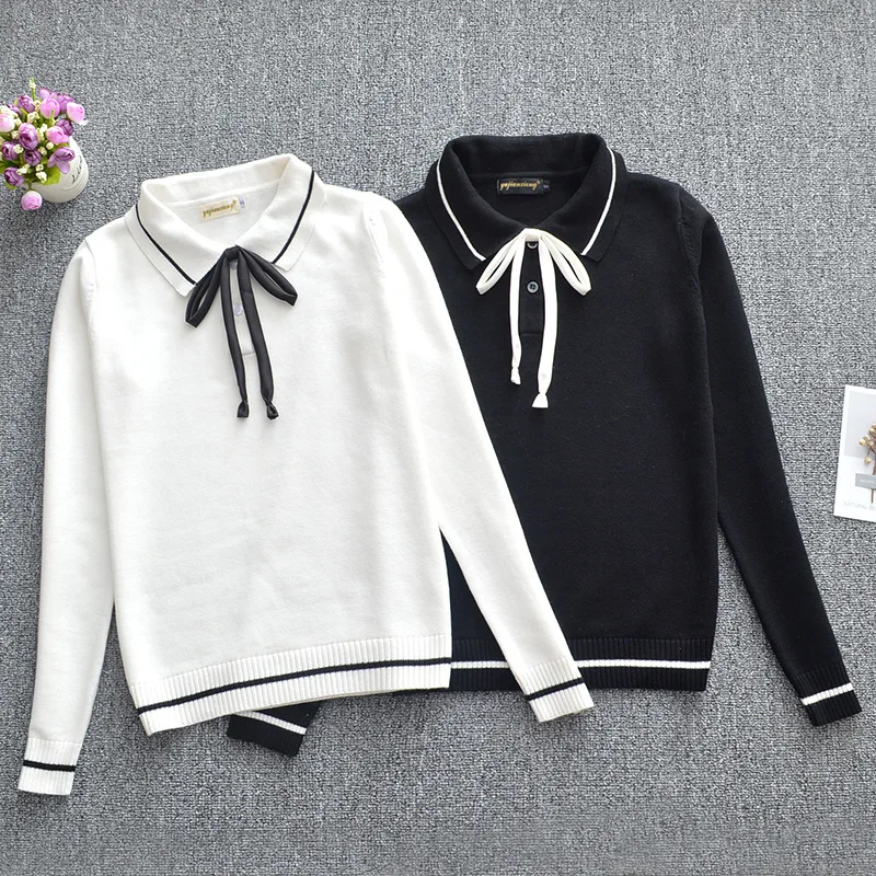 

Long sleeve knit pullover sweater lapel collar black white cute Knitted sweaters