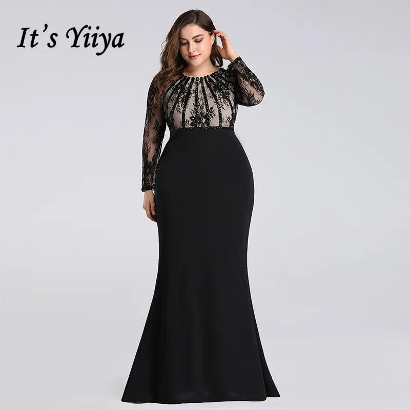 

It's Yiiya Evening Dress Black Lace Formal Evening Gowns O-neck Robe De Soiree Plus Size Floor Length Women Party Dresses C563